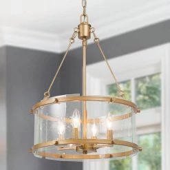 Drum Chandelier Pendant Light, 4-Light Modern Antique Brass Kitchen Island Chandelier Light With Seeded Glass Shade by Uolfin