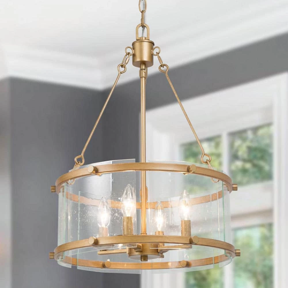Drum Chandelier Pendant Light, 4-Light Modern Antique Brass Kitchen Island Chandelier Light With Seeded Glass Shade by Uolfin