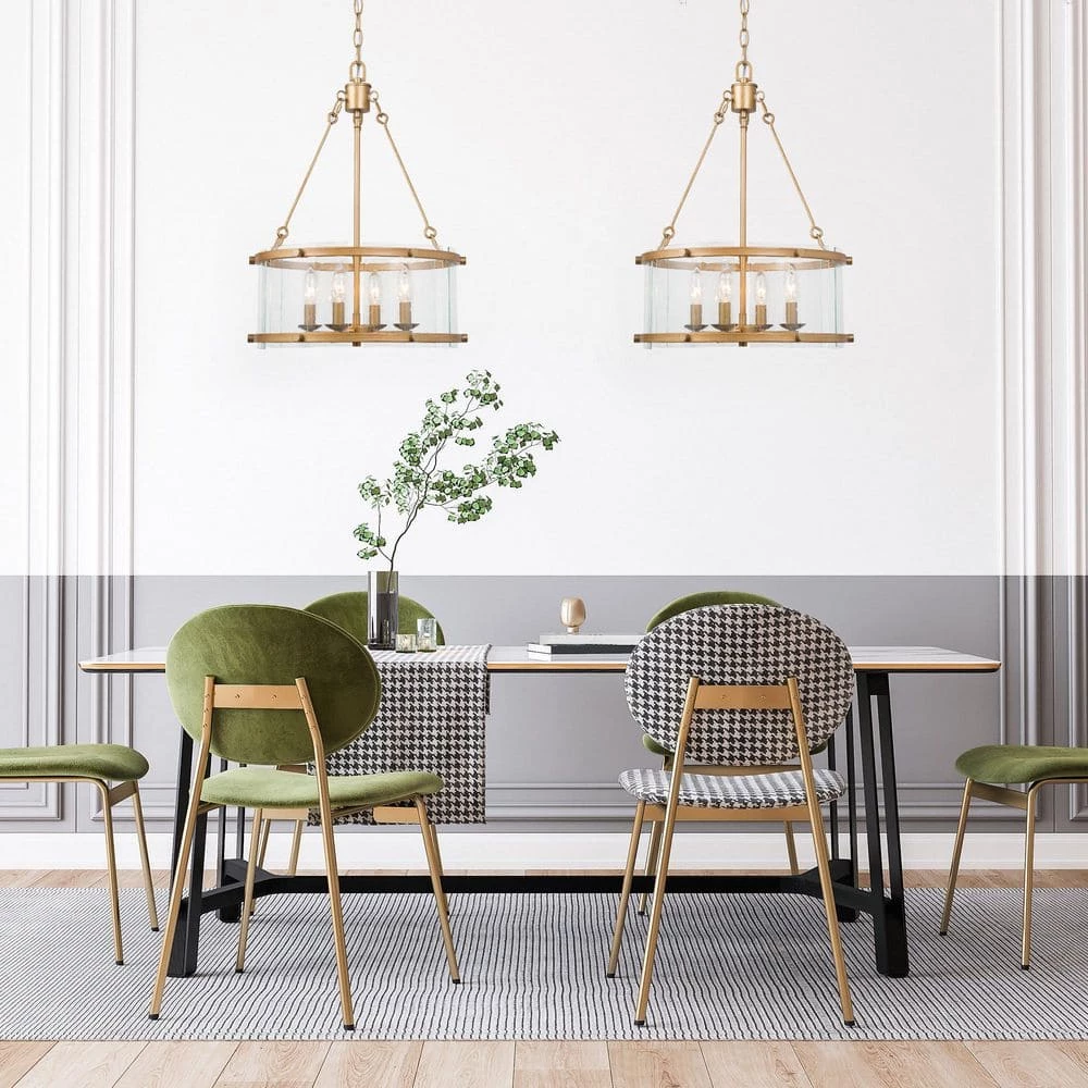 Drum Chandelier Pendant Light, 4-Light Modern Antique Brass Kitchen Island Chandelier Light With Seeded Glass Shade by Uolfin - Image 4