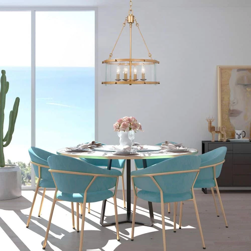 Drum Chandelier Pendant Light, 4-Light Modern Antique Brass Kitchen Island Chandelier Light With Seeded Glass Shade by Uolfin - Image 2