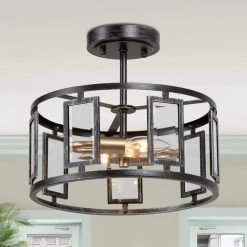 Farmhouse Brushed Black Ceiling Light, Taine 12 in. 2-Light Antique Cage Kitchen Semi-Flush Mount Ceiling Light by Uolfin