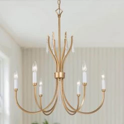 Modern Farmhouse Island Candlestick Chandelier Light, 6-Light Transitional Gold Chandelier with Crystal Adornment by Uolfin