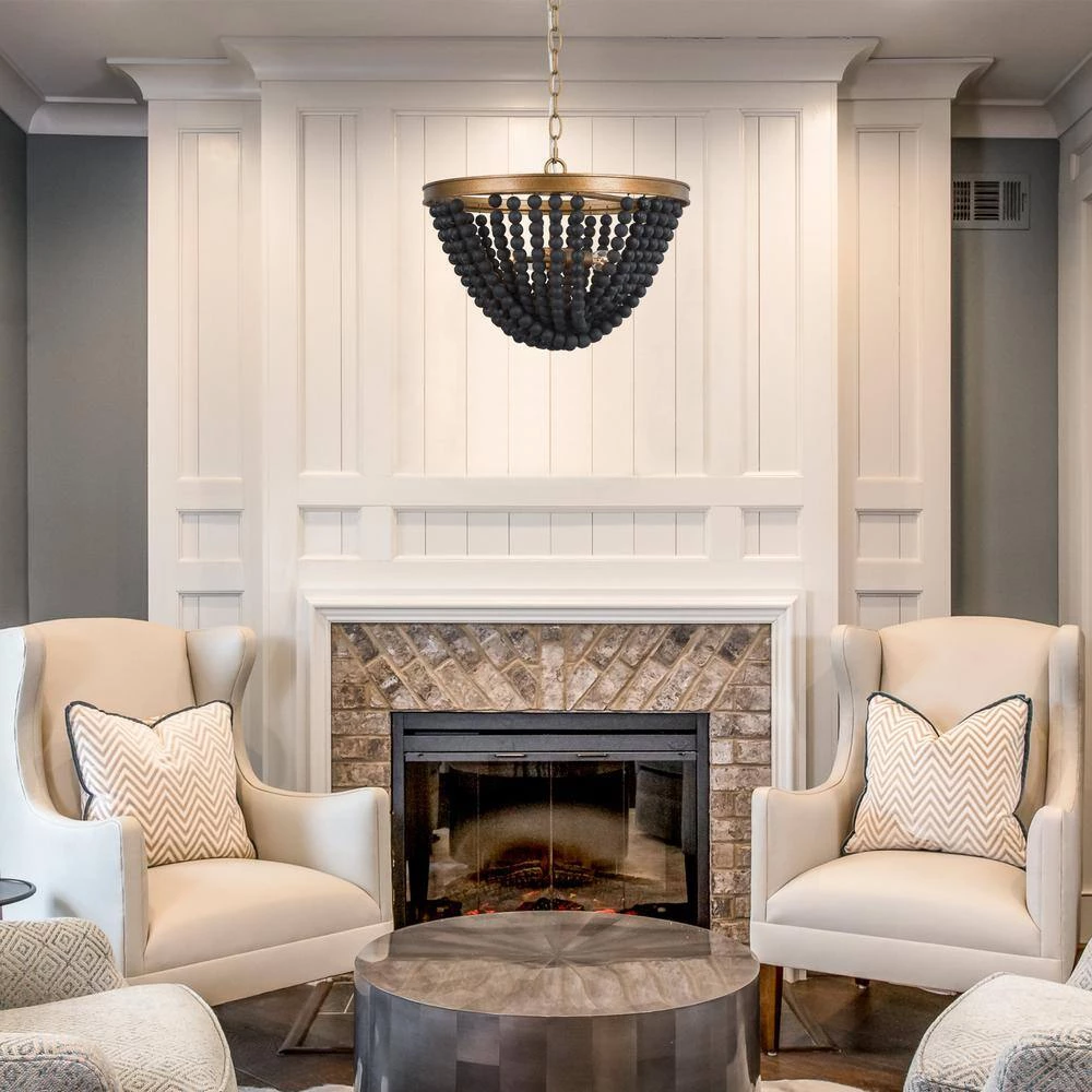 Modern Black & Brass Chandelier 3-Light Island Chandelier Light with Black Wood Beads by Uolfin - Image 3