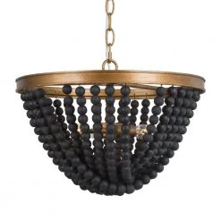Modern Black & Brass Chandelier 3-Light Island Chandelier Light with Black Wood Beads by Uolfin