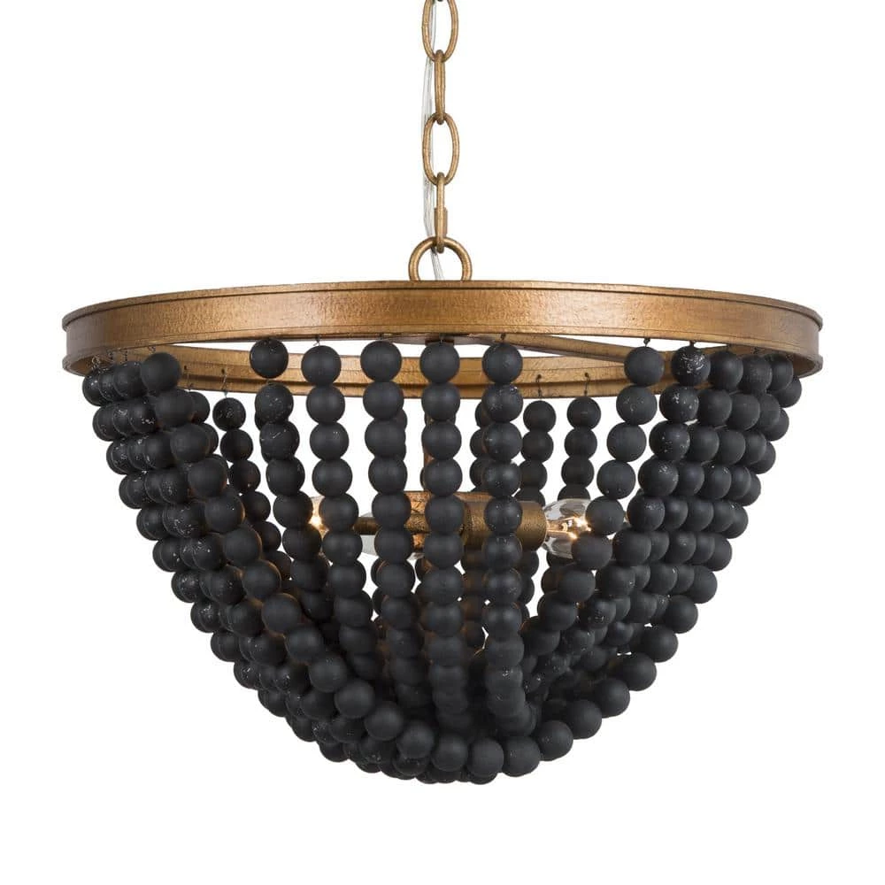 Modern Black & Brass Chandelier 3-Light Island Chandelier Light with Black Wood Beads by Uolfin
