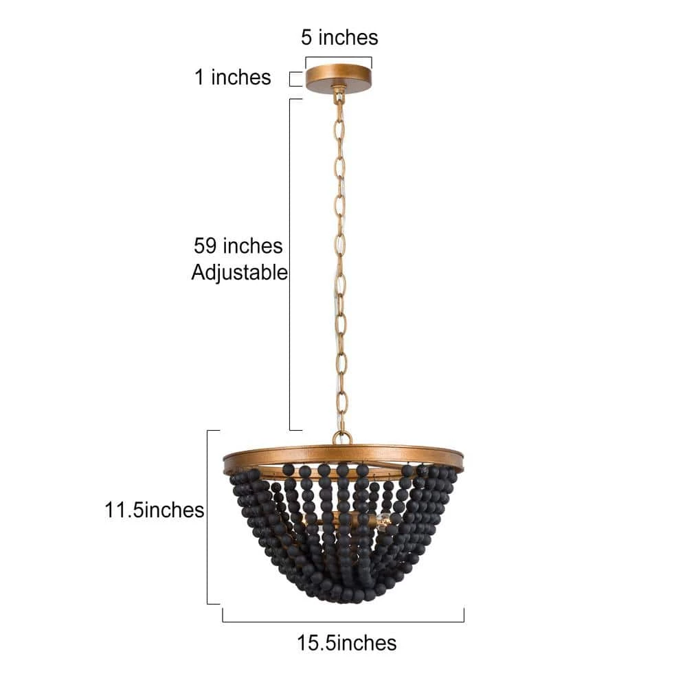 Modern Black & Brass Chandelier 3-Light Island Chandelier Light with Black Wood Beads by Uolfin - Image 4
