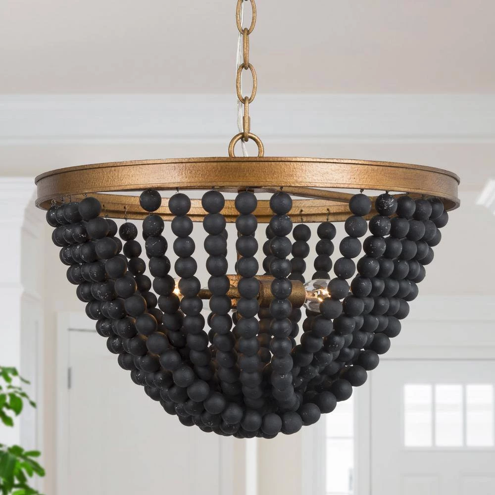Modern Black & Brass Chandelier 3-Light Island Chandelier Light with Black Wood Beads by Uolfin - Image 2