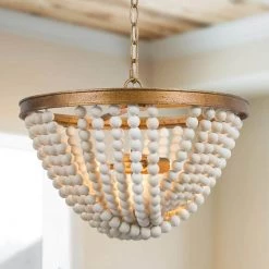 Modern Farmhouse Chandelier Light, Boho 3-Light Antique Gold Island Chandelier Light with White Wood Beads by Uolfin