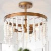 3-Light Antique Gold Round Semi-Flush Mount Light with Wooden Beads by Uolfin