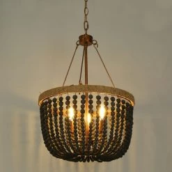 Modern Farmhouse Empire Drum Beaded Chandelier Light, 3-Light Gold Transitional Boho Chandelier with Black Wood Beads by Uolfin