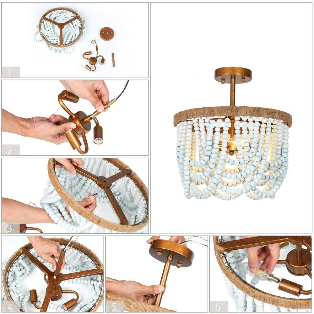 Modern Farmhouse Beaded Semi-Flush Mount Light, 3-Light Gold Classic Boho Ceiling Light with Handmade Blue Wood Beads by Uolfin - Image 6