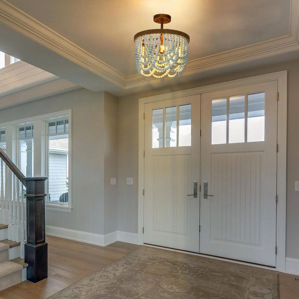 Modern Farmhouse Beaded Semi-Flush Mount Light, 3-Light Gold Classic Boho Ceiling Light with Handmade Blue Wood Beads by Uolfin - Image 7