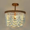 Modern Farmhouse Beaded Semi-Flush Mount Light, 3-Light Gold Classic Boho Ceiling Light with Handmade Blue Wood Beads by Uolfin