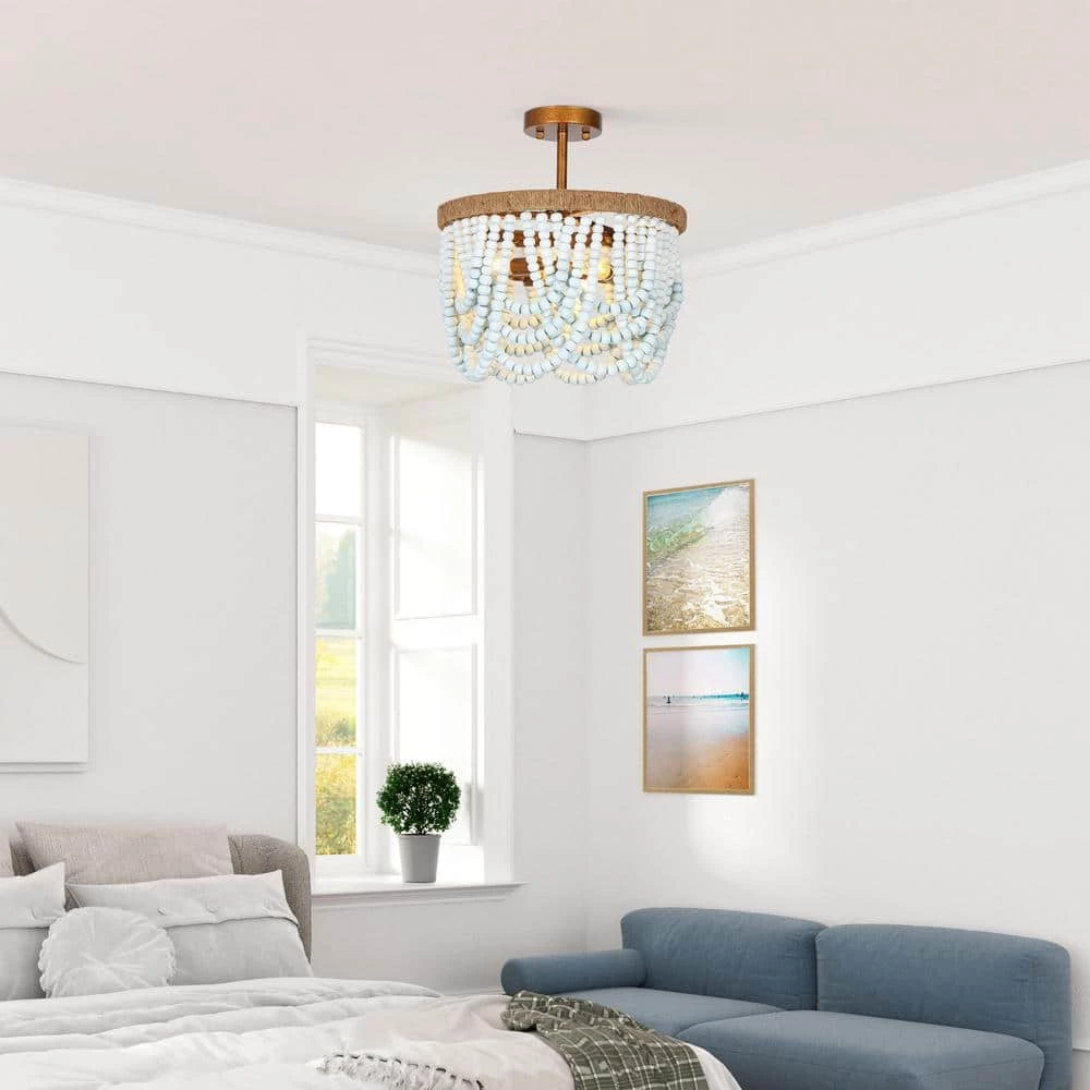 Modern Farmhouse Beaded Semi-Flush Mount Light, 3-Light Gold Classic Boho Ceiling Light with Handmade Blue Wood Beads by Uolfin - Image 2