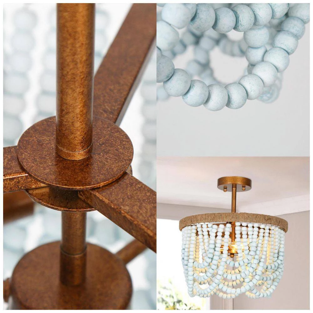 Modern Farmhouse Beaded Semi-Flush Mount Light, 3-Light Gold Classic Boho Ceiling Light with Handmade Blue Wood Beads by Uolfin - Image 8