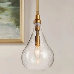 Modern Island Pendant Light, Iros 1-Light Brass Gold Teardrop Chandelier Pendant Light with Seeded Glass Shade by Uolfin