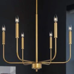 Modern Dark Gold Kitchen Linear Chandelier, 6-Light Farmhouse Antique Candlestick Ding Room Pendant Light Fixture by Uolfin