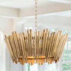 Modern Antique Gold Drum Island Chandelier Light, 3-Light Farmhouse Chandelier Pendant Light with Handmade Wood Strips by Uolfin