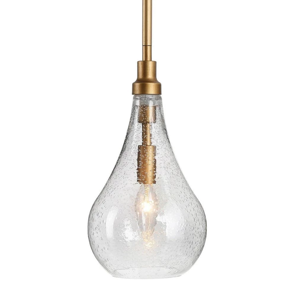 1-Light Gold Island Pendant Light with Seeded Glass Shade by Uolfin