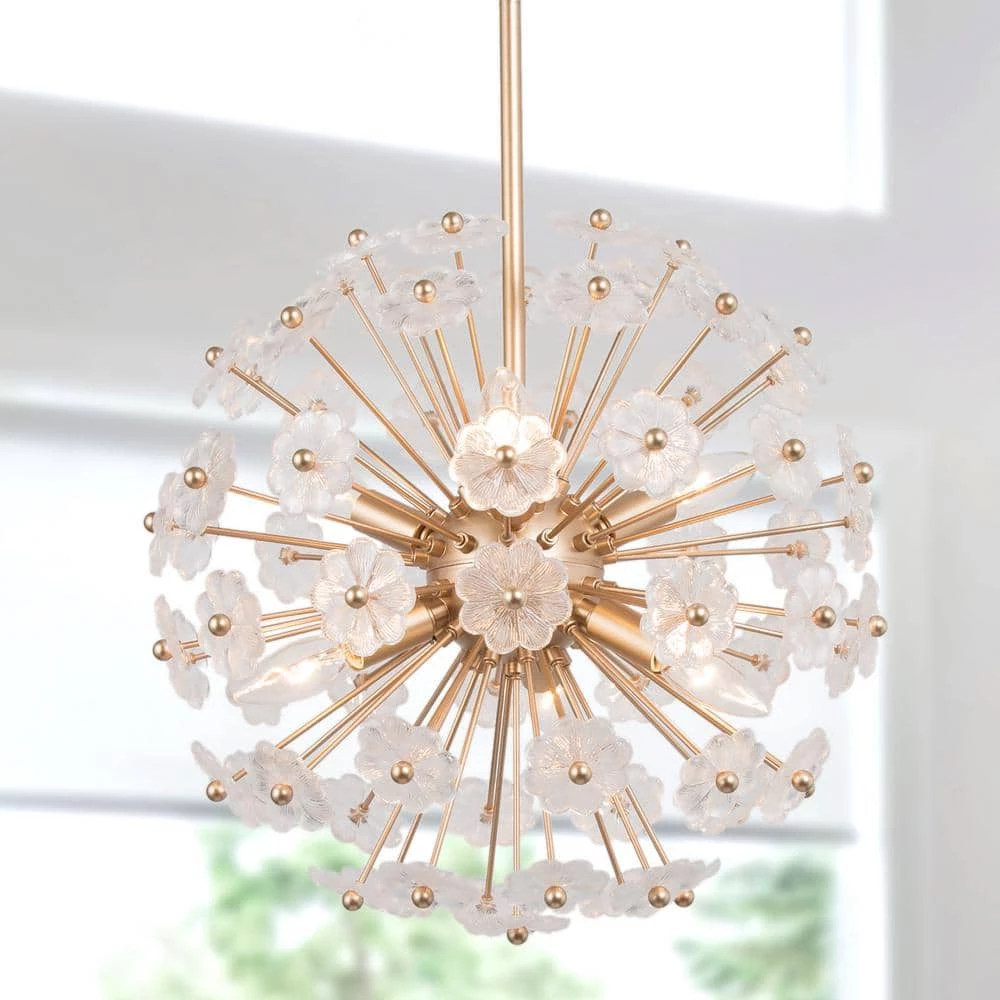 Modern Gold Sputnik Bedroom chandelier, 6-Light Dining Room Island Pendant Light Fixture with Flower Glasses by Uolfin