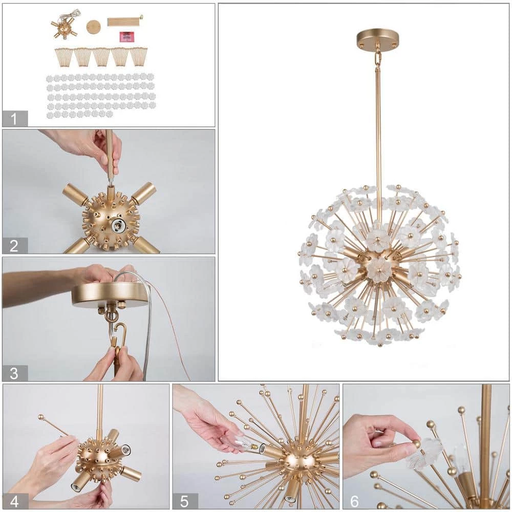 Modern Gold Sputnik Bedroom chandelier, 6-Light Dining Room Island Pendant Light Fixture with Flower Glasses by Uolfin - Image 5