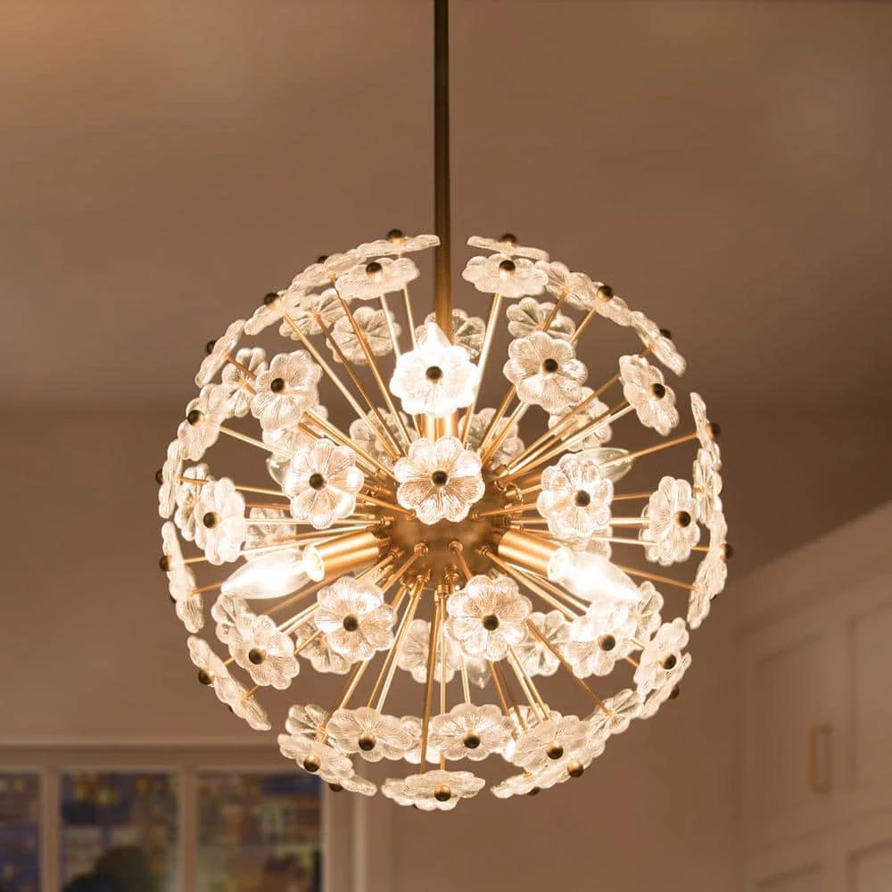 Modern Gold Sputnik Bedroom chandelier, 6-Light Dining Room Island Pendant Light Fixture with Flower Glasses by Uolfin - Image 2