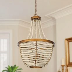 Antique Gold Bedroom Chandelier Light, 4-Light Drum Dining Room Island Chandelier with White Wood Beads by Uolfin