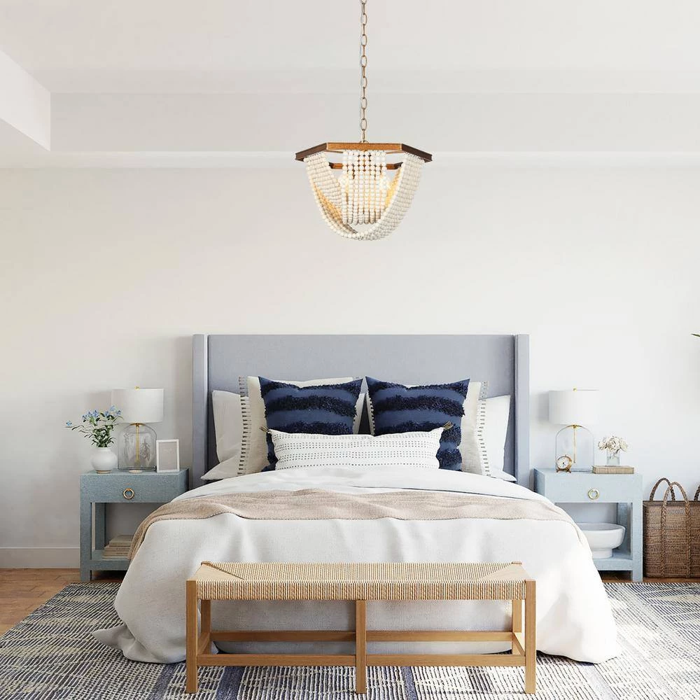 Farmhouse Antique Gold Pendant Light, 4-Light Bowl Dining Room Chandelier with White Wood Beads by Uolfin - Image 3