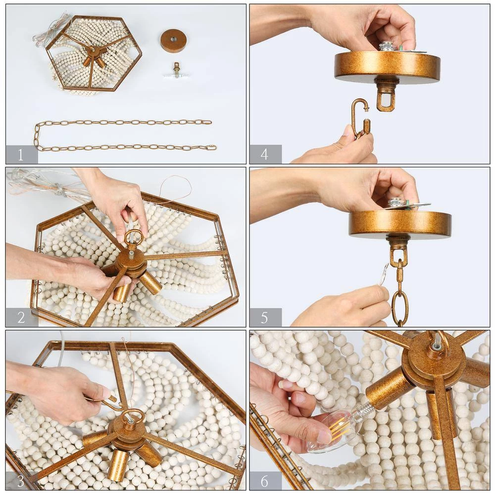 Farmhouse Antique Gold Pendant Light, 4-Light Bowl Dining Room Chandelier with White Wood Beads by Uolfin - Image 7