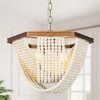 Farmhouse Antique Gold Pendant Light, 4-Light Bowl Dining Room Chandelier with White Wood Beads by Uolfin