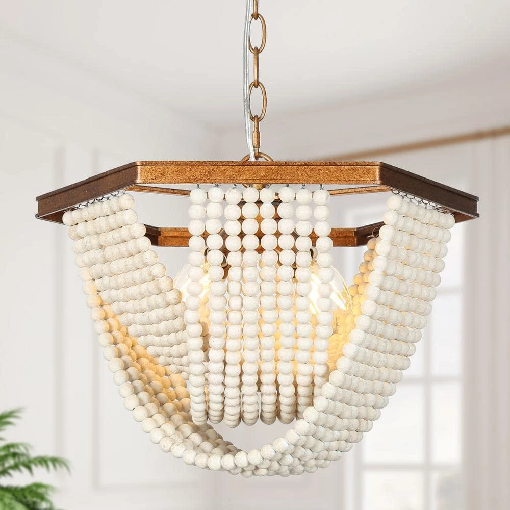 Farmhouse Antique Gold Pendant Light, 4-Light Bowl Dining Room Chandelier with White Wood Beads by Uolfin