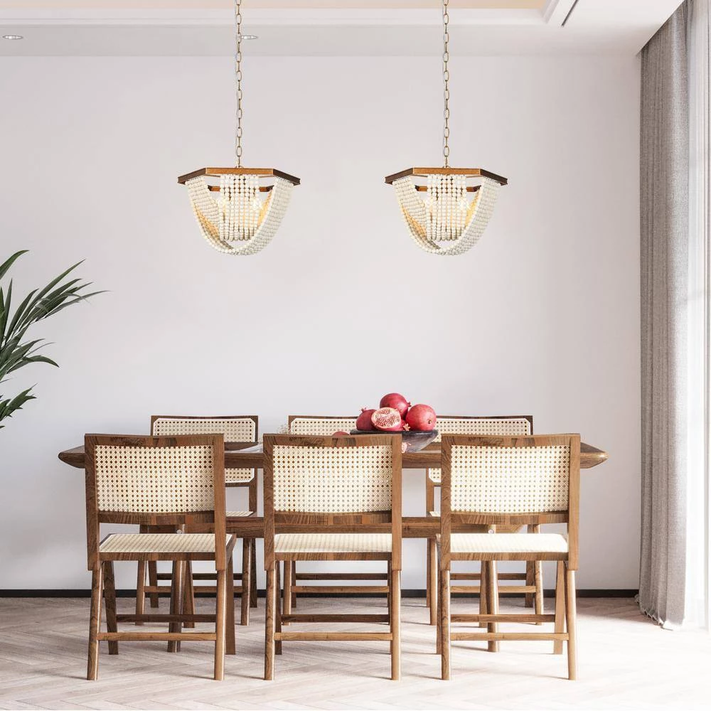 Farmhouse Antique Gold Pendant Light, 4-Light Bowl Dining Room Chandelier with White Wood Beads by Uolfin - Image 4