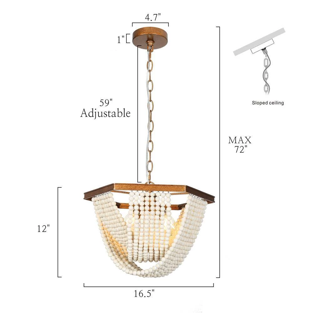 Farmhouse Antique Gold Pendant Light, 4-Light Bowl Dining Room Chandelier with White Wood Beads by Uolfin - Image 5