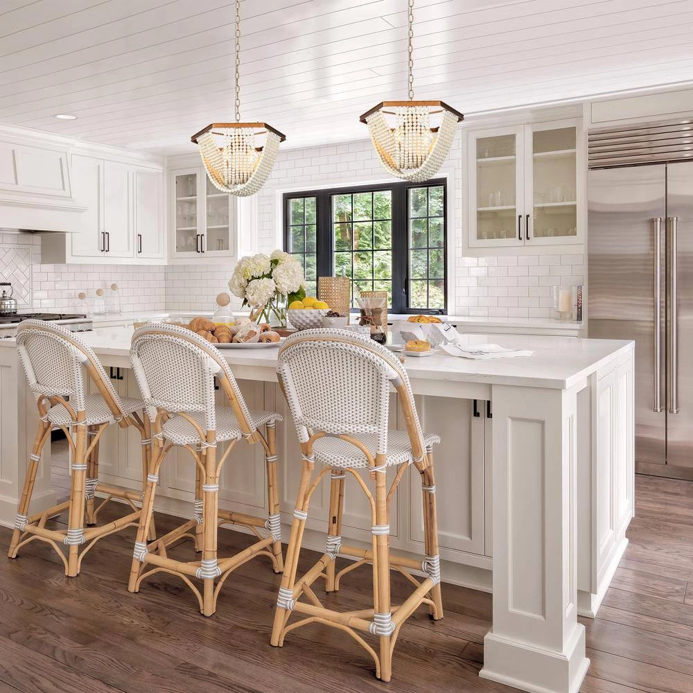 Farmhouse Antique Gold Pendant Light, 4-Light Bowl Dining Room Chandelier with White Wood Beads by Uolfin - Image 2