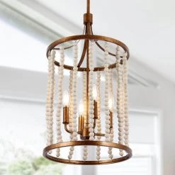 Farmhouse Kitchen Island Pendant Light, 4-Light Antique Gold Drum Lantern Chandelier with Distressed White Wood Beads by Uolfin
