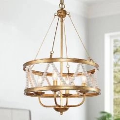 Farmhouse Retro Gold Bedroom Chandelier, 4-Light Modern Drum Pendant Light with Wood Beads by Uolfin