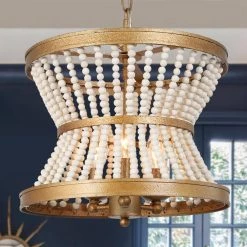 3-Light Antique Gold Drum Island Chandelier Light with Wooden Beads by Uolfin