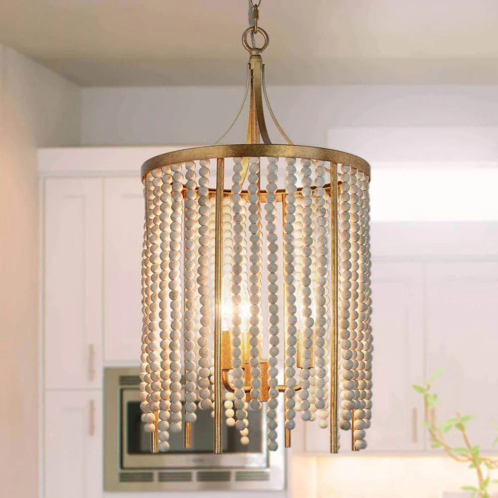 3-Light Antique Gold Candlestick Chandelier Light with Wooden Beads by Uolfin - Image 3