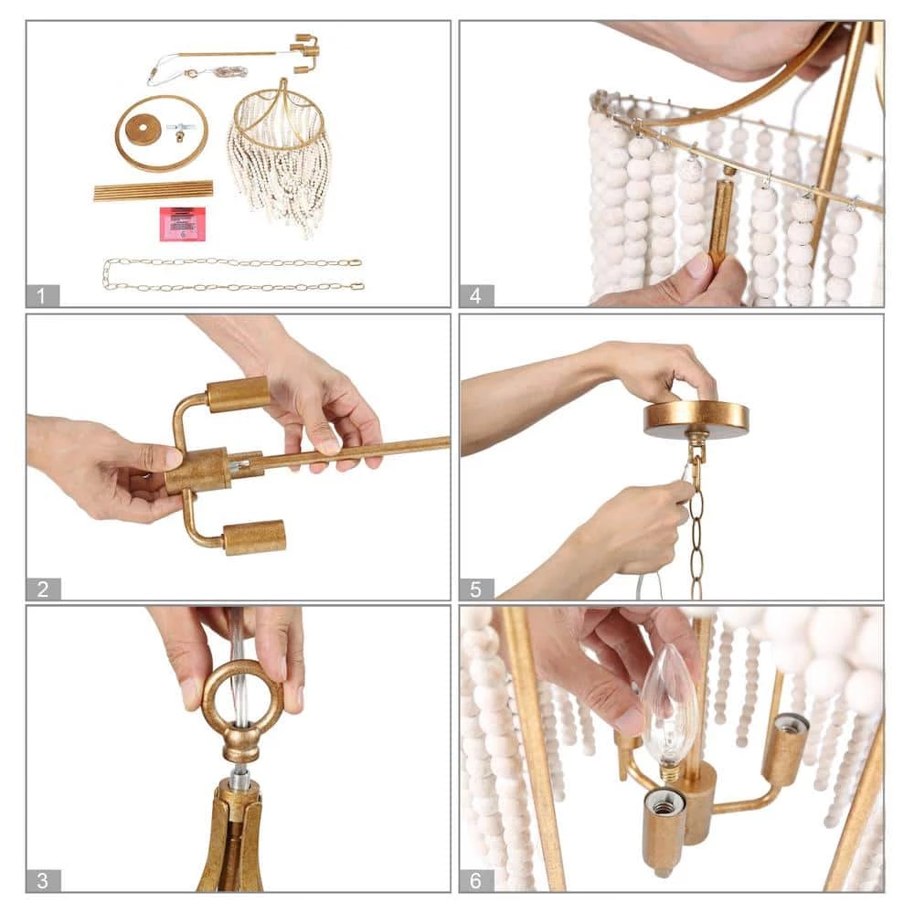 3-Light Antique Gold Candlestick Chandelier Light with Wooden Beads by Uolfin - Image 6