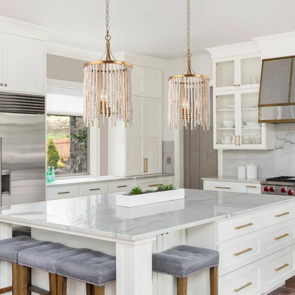 3-Light Antique Gold Candlestick Chandelier Light with Wooden Beads by Uolfin - Image 2