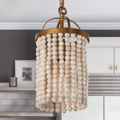 Modern Brass Gold Island Chandelier Pendant Light, Boho 3-Light Round Pendant Light with White Wooden Beads by Uolfin