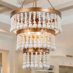 Modern Farmhouse Boho Dining Room Chandelier 6-Light Antique Gold Living Room Chandelier Light with White Wood Beads by Uolfin
