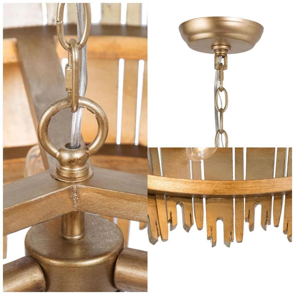 Modern Antique Gold Drum Island Chandelier Light, 3-Light Farmhouse Chandelier Pendant Light with Handmade Wood Strips by Uolfin - Image 5