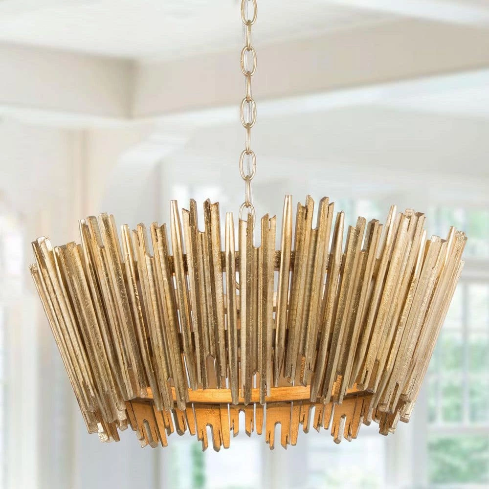 Modern Antique Gold Drum Island Chandelier Light, 3-Light Farmhouse Chandelier Pendant Light with Handmade Wood Strips by Uolfin