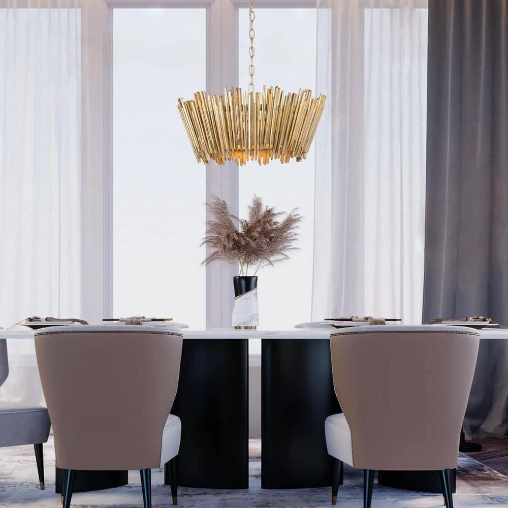 Modern Antique Gold Drum Island Chandelier Light, 3-Light Farmhouse Chandelier Pendant Light with Handmade Wood Strips by Uolfin - Image 2