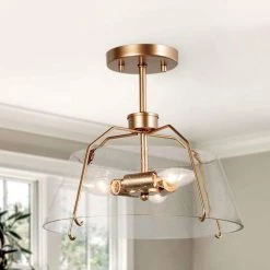 Modern Gold Round Ceiling Light Iros 3-Light Dome Bedroom Semi-Flush Mount Light with Seeded Glass Shade by Uolfin