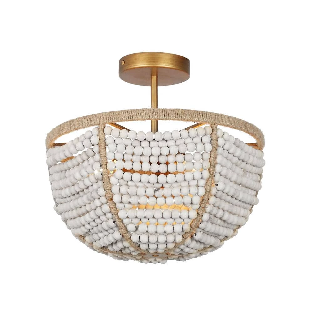 14 in. 3-Light Farmhouse Deep Gold Bowl Semi-Flush Mount Light with Wood Beads by Uolfin