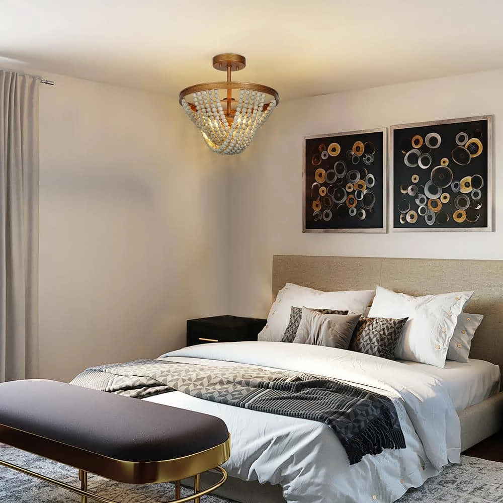 Modern Farmhouse Kitchen Ceiling Light 2-Light Antique Gold Dome Semi-Flush Mount Light with White Wood Beads by Uolfin - Image 3