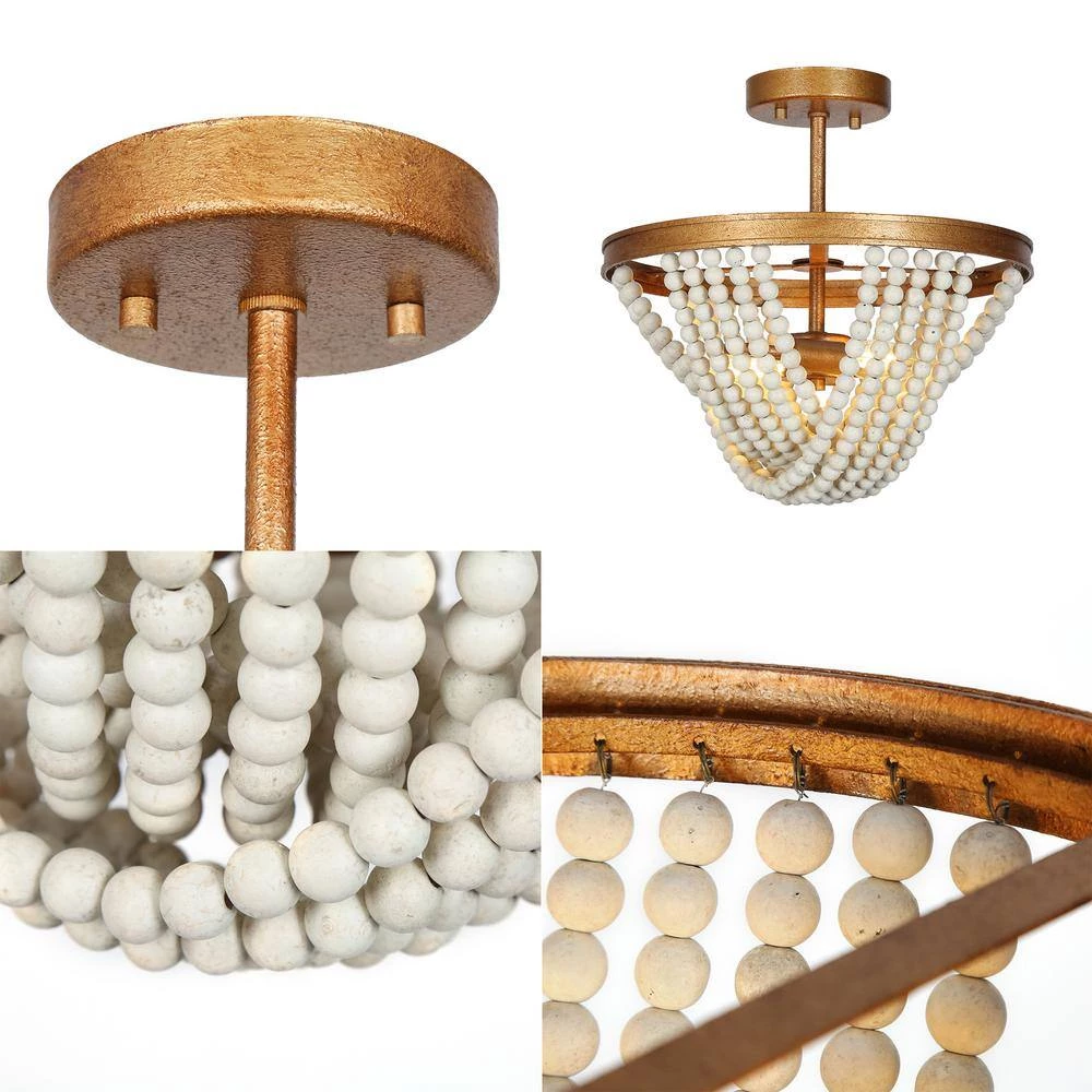 Modern Farmhouse Kitchen Ceiling Light 2-Light Antique Gold Dome Semi-Flush Mount Light with White Wood Beads by Uolfin - Image 6