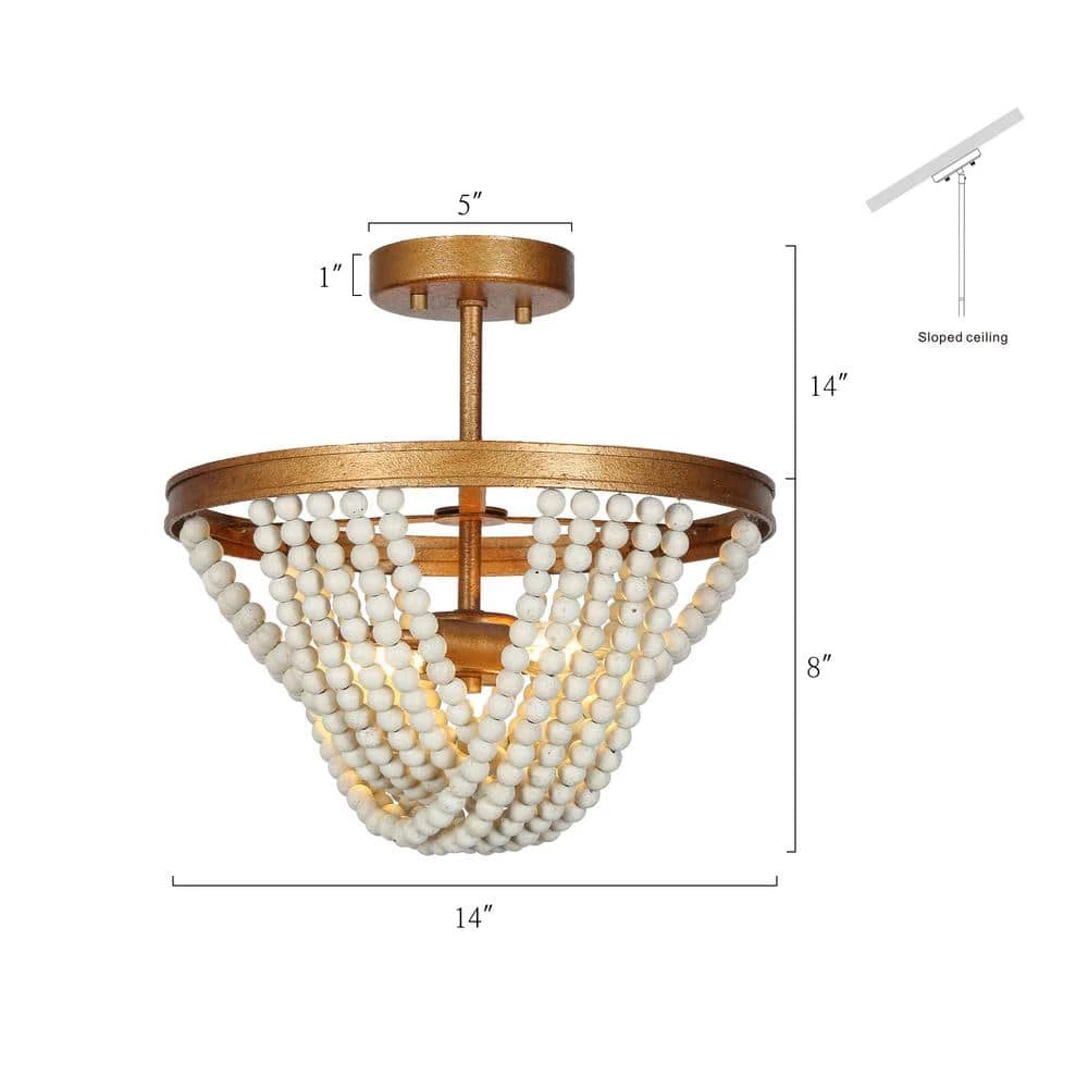 Modern Farmhouse Kitchen Ceiling Light 2-Light Antique Gold Dome Semi-Flush Mount Light with White Wood Beads by Uolfin - Image 5